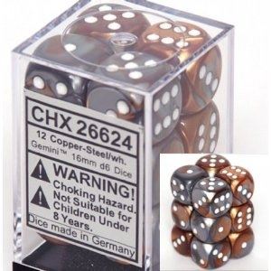 Chessex Gemini Copper and Steel with White 16mm d6 set | Odin's Place