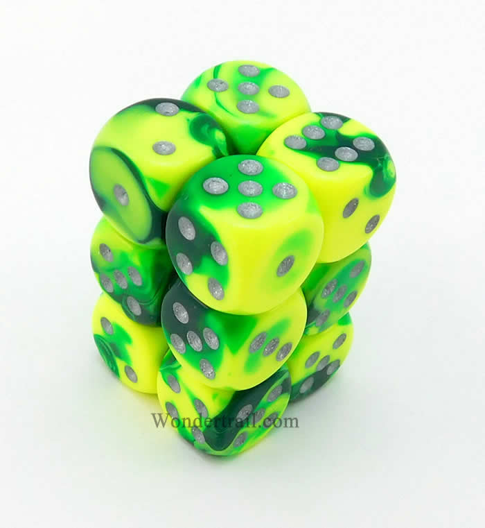 Chessex Gemini Green and Yellow with Silver 16mm d6 Set | Odin's Place
