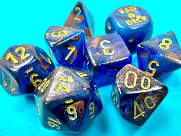 Chessex Lab Dice Lustrous Azurite/Gold Poly 7 Set w Bonus Die | Odin's Place