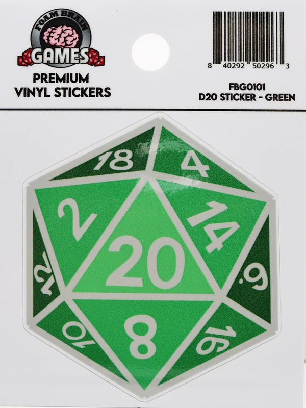 Foam Brain D20 Sticker: Green | Odin's Place