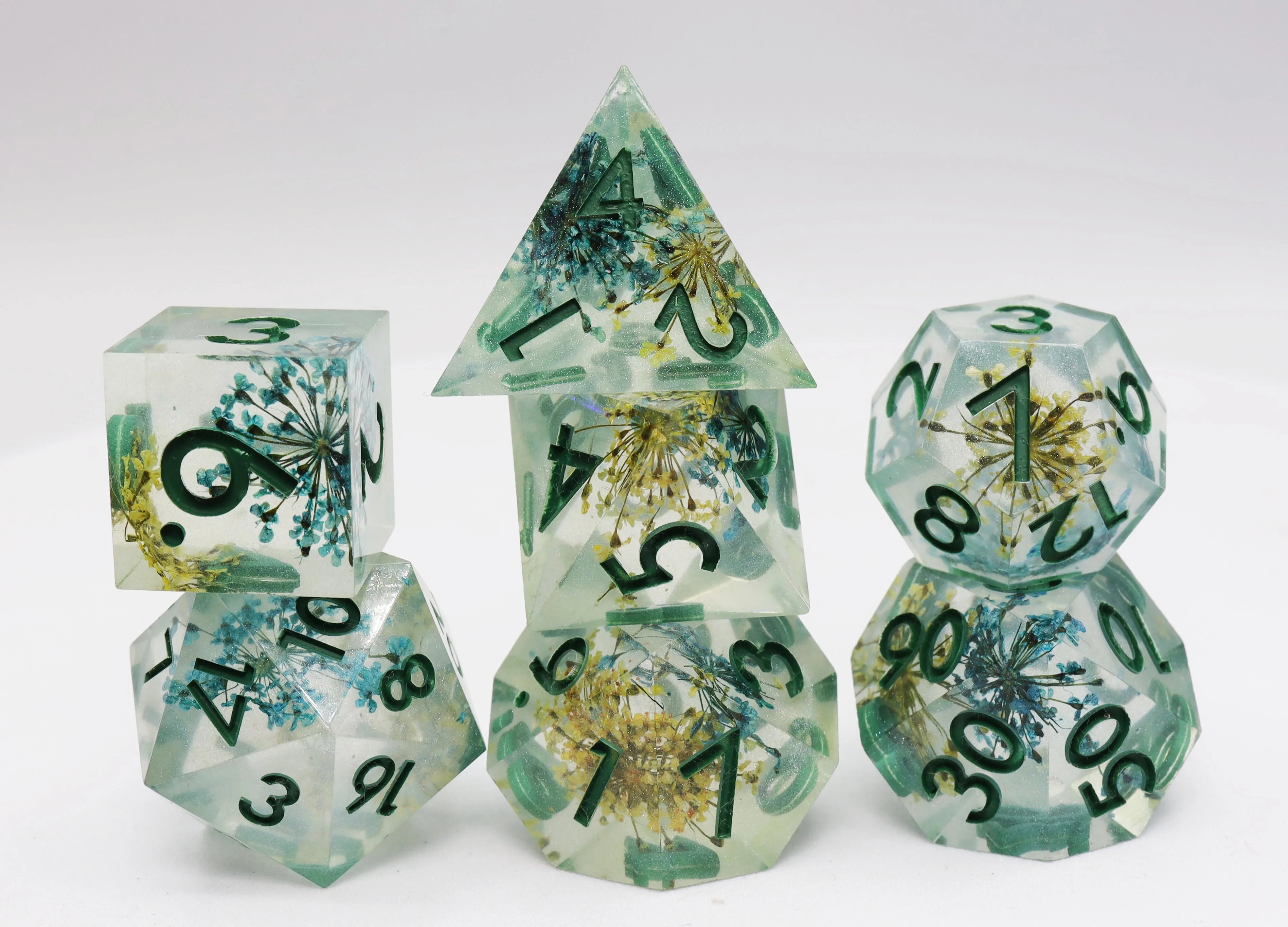 Foam Brain Poly 7 Dice Set: Hand-Polished Sharp-Edge Spring Meadow | Odin's Place