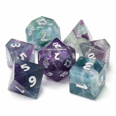 Foam Brain Fluorite - Engraved with Silver Gemstone Poly 7 Dice Set | Odin's Place