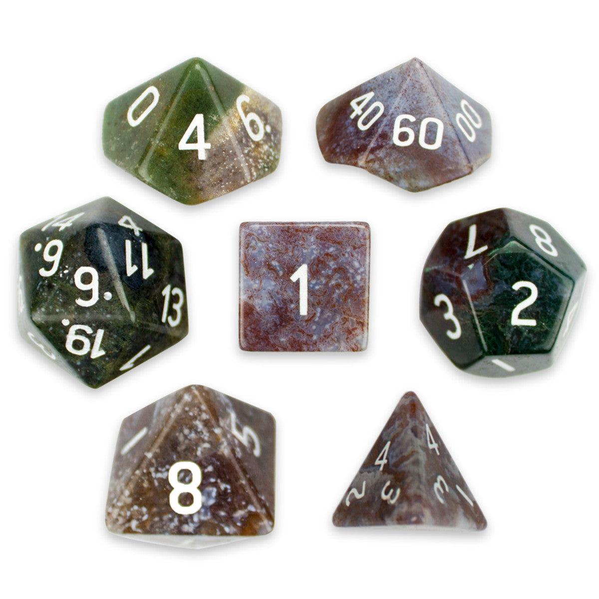 Brybelly Stone Polyhedral Dice, Indian Agate Poly 7 Set | Odin's Place