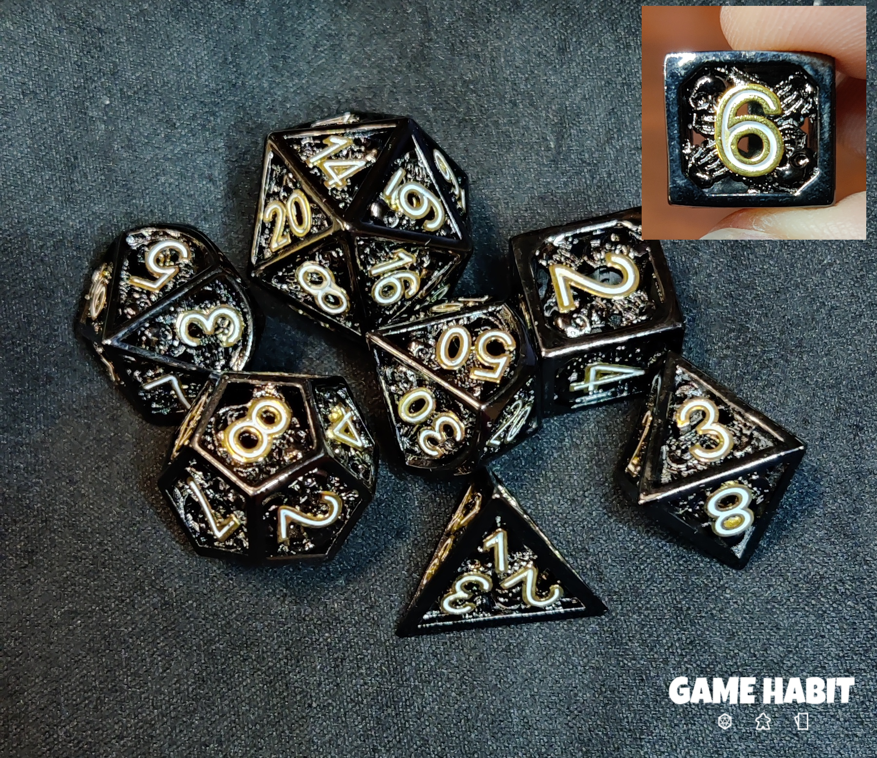 Game Habit Headline News Hollow Skull and Bones Metal Poly 7 Dice Set | Odin's Place