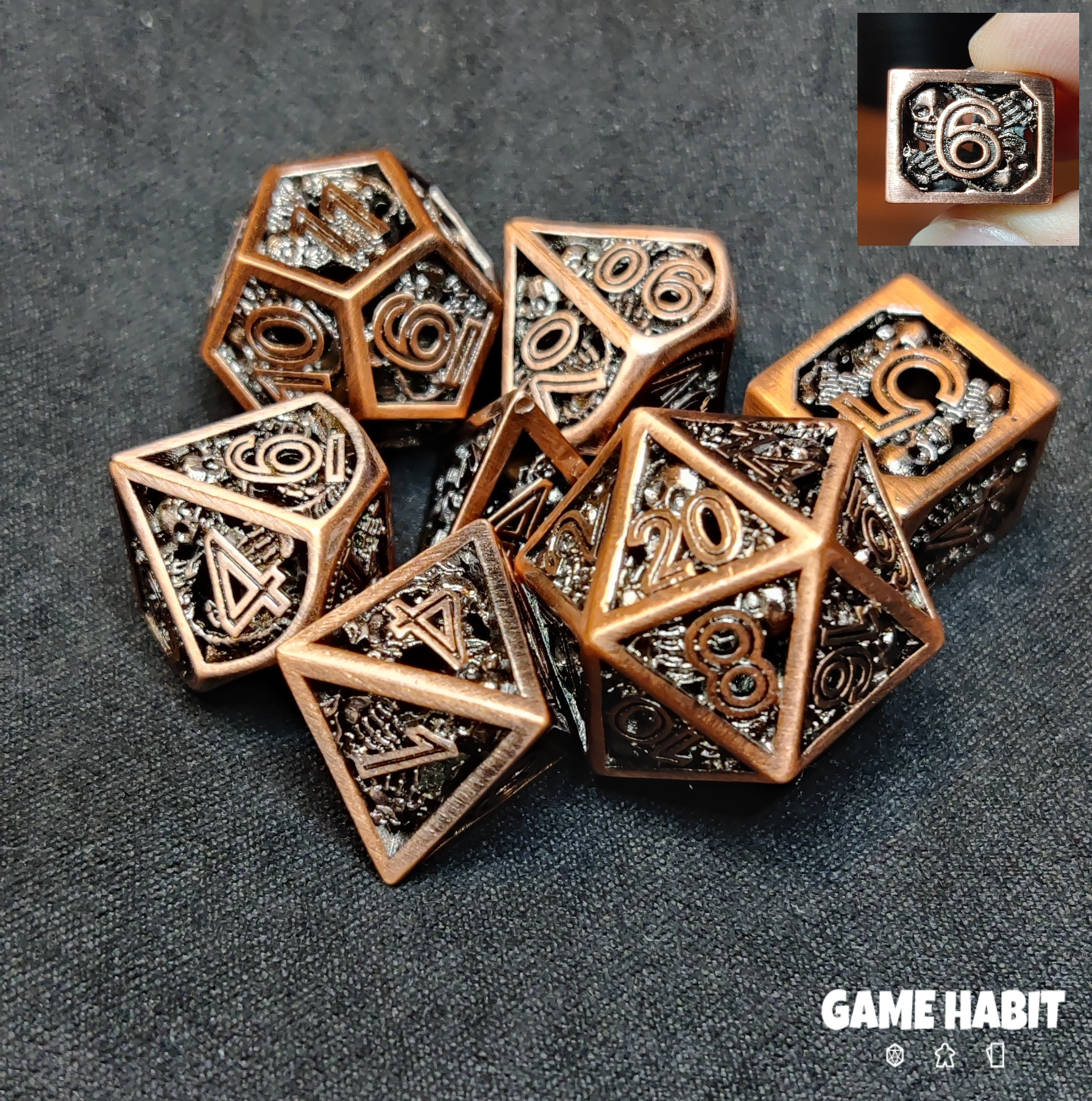 Game Habit Depp's Contract Hollow Skull and Bones Metal Poly 7 Dice Set | Odin's Place