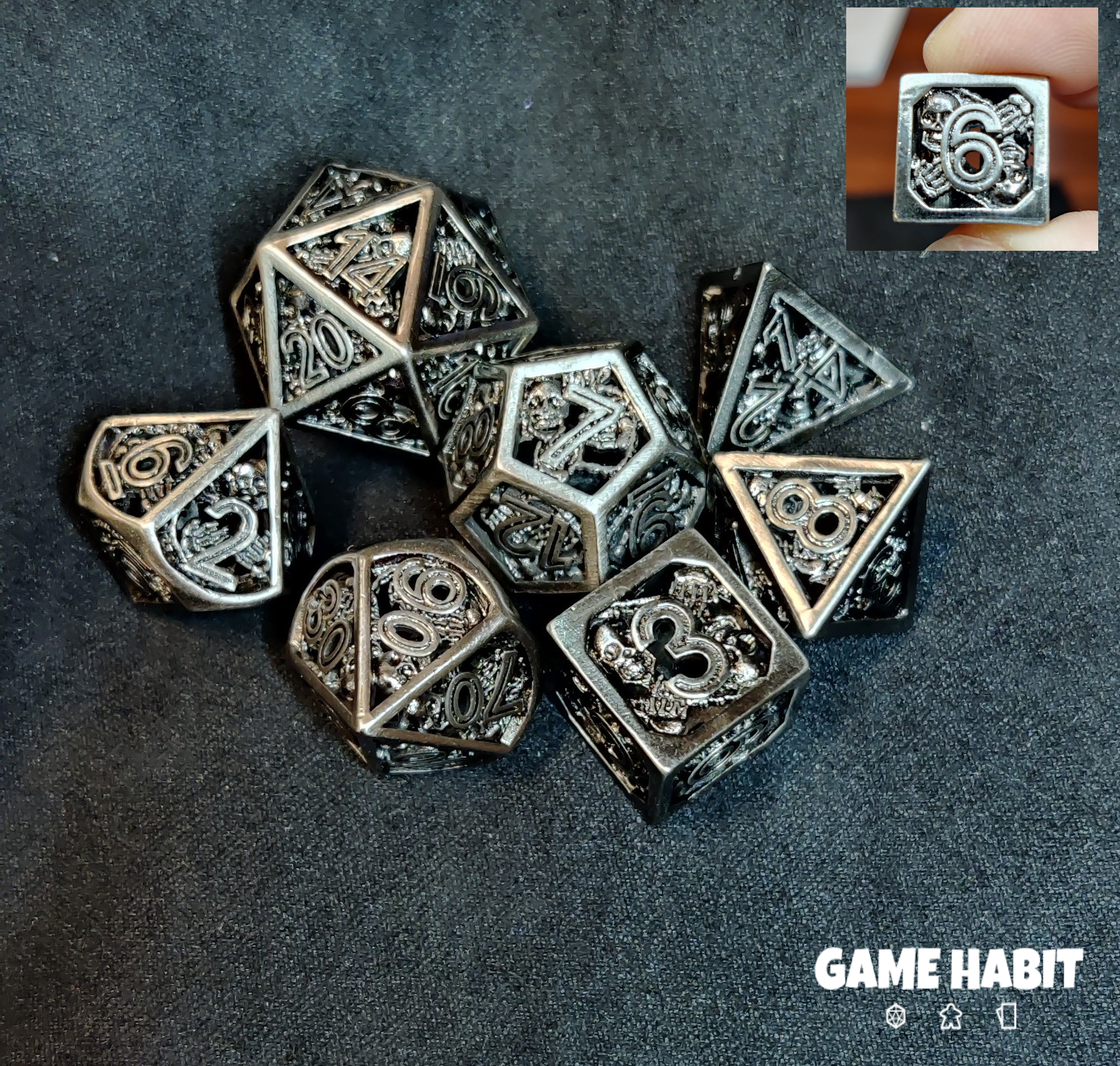 Game Habit Be Steel My Heart Hollow Skull and Bones Metal Poly 7 Dice Set | Odin's Place