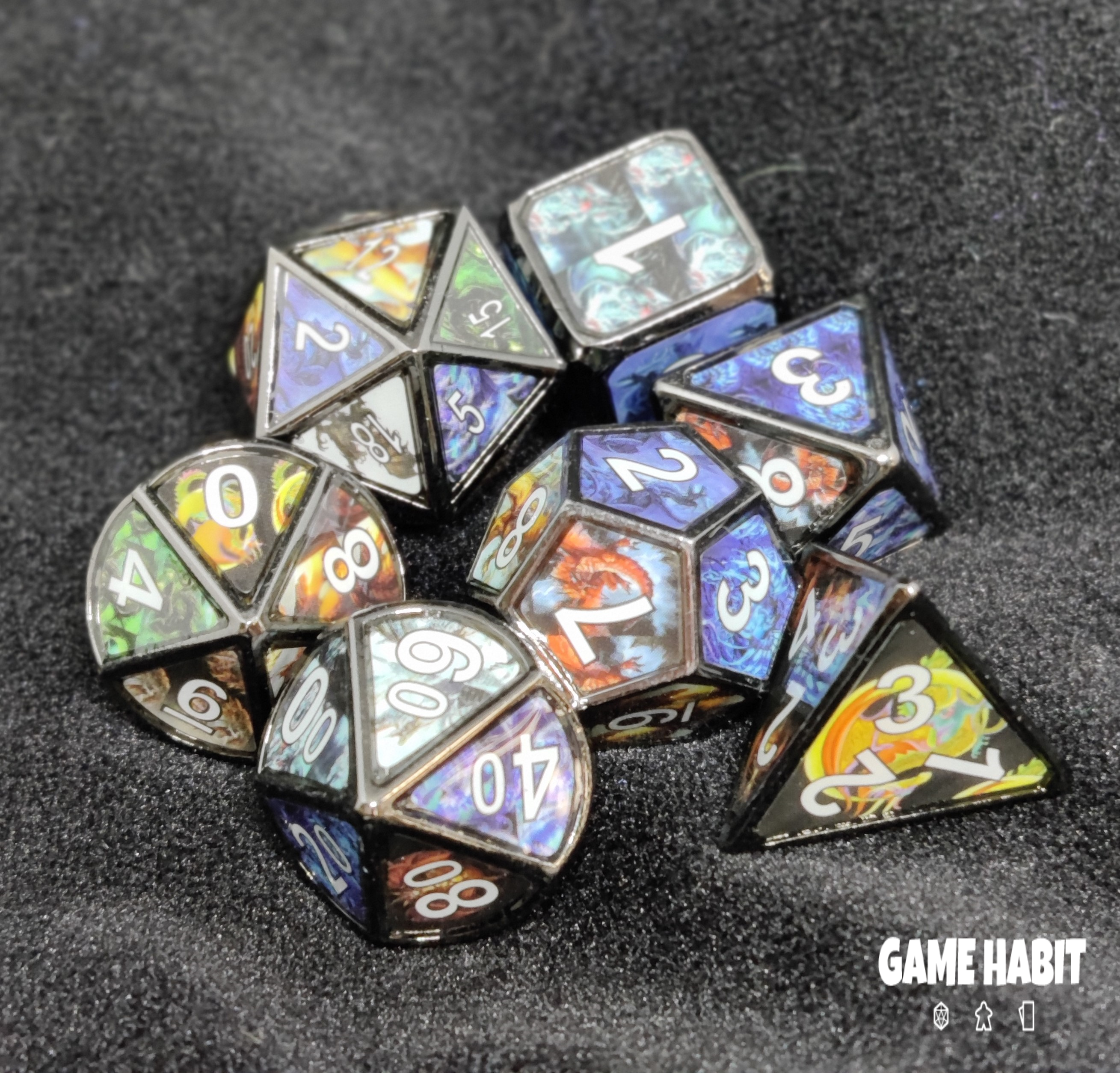 Game Habit Oh For Goodness Sake, Dragons! Swirl Metal Poly 7 Dice Set | Odin's Place