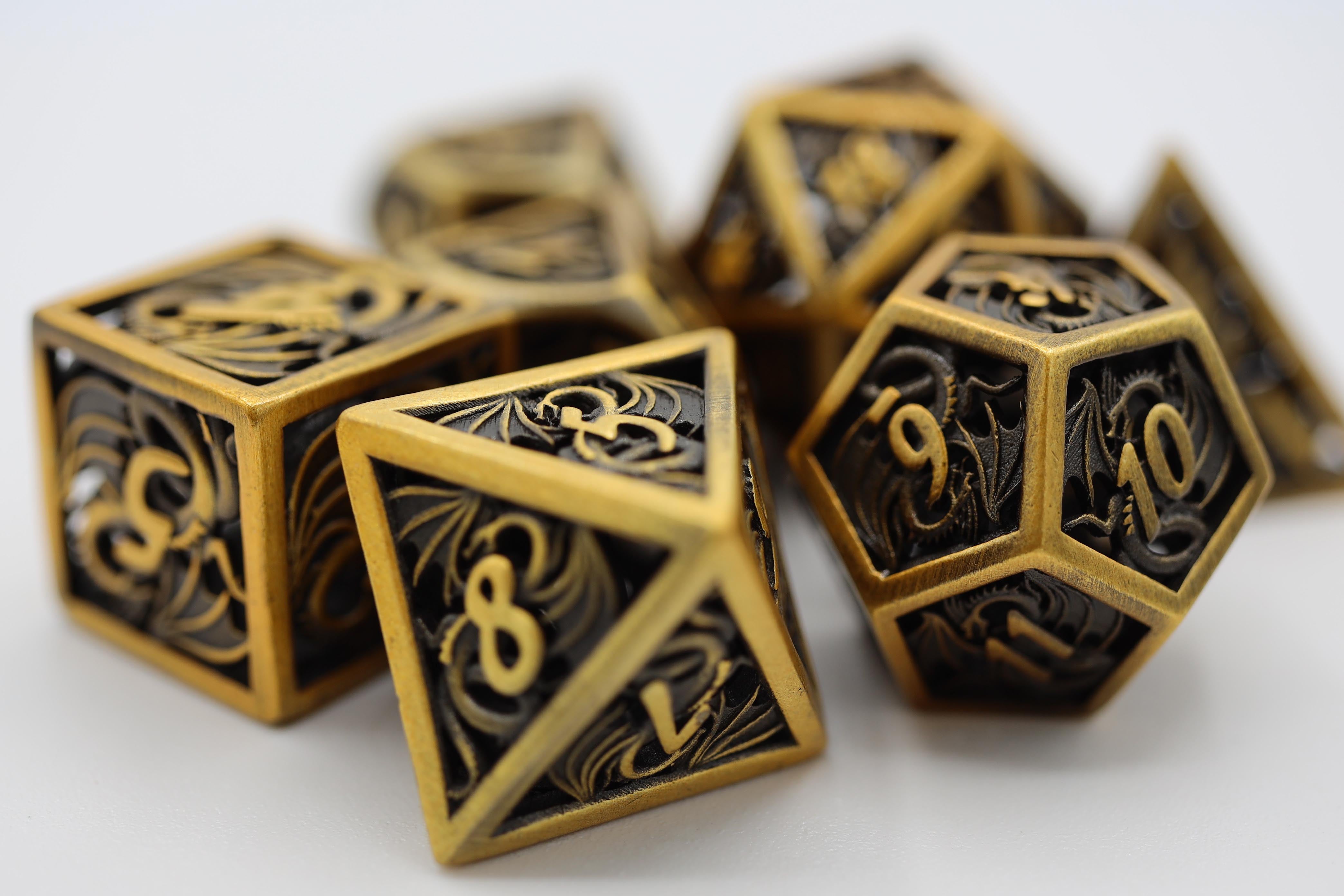 Foam Brain Hollow Golden Dragon RPG Metal Dice Set | Odin's Place