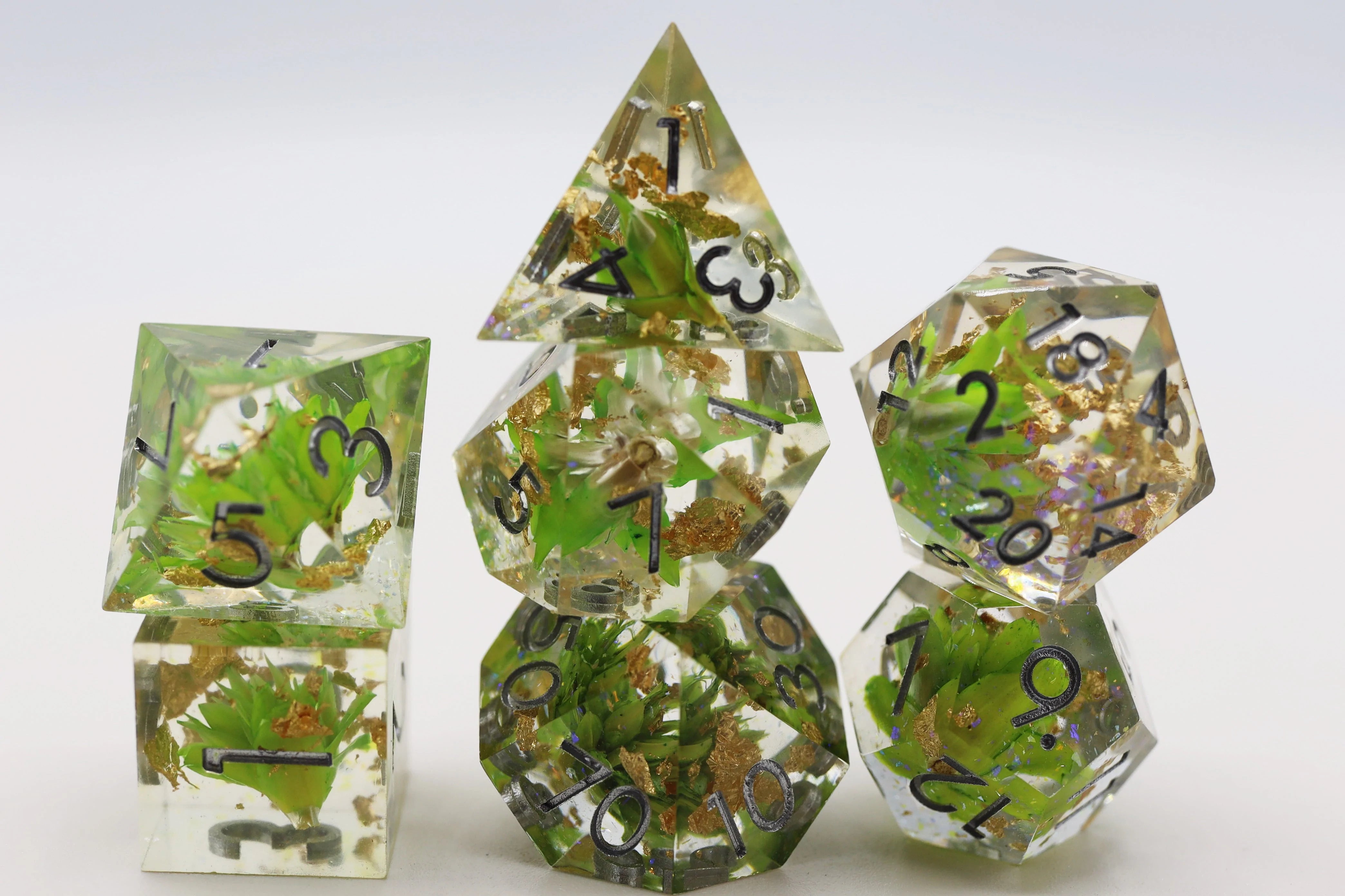 Foam Brain Poly 7 Dice Set: Hand-Polished Sharp-Edge Green Lotus | Odin's Place