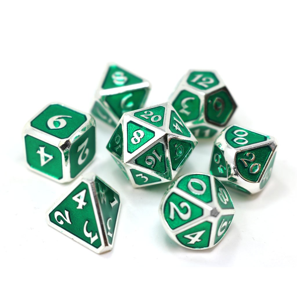 Die Hard Dice Mythica Platinum Emerald Metal Poly 7 Dice Set | Odin's Place