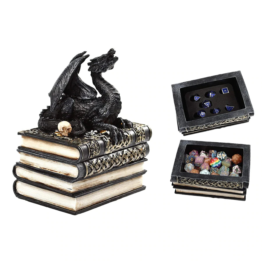 Forged Gaming Dragon on a Pedestal of Books Dice Box | Odin's Place