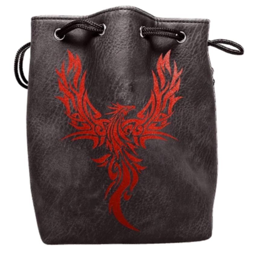 Easy Roller Black Leather Lite Phoenix Design Self-Standing Large Dice Bag | Odin's Place