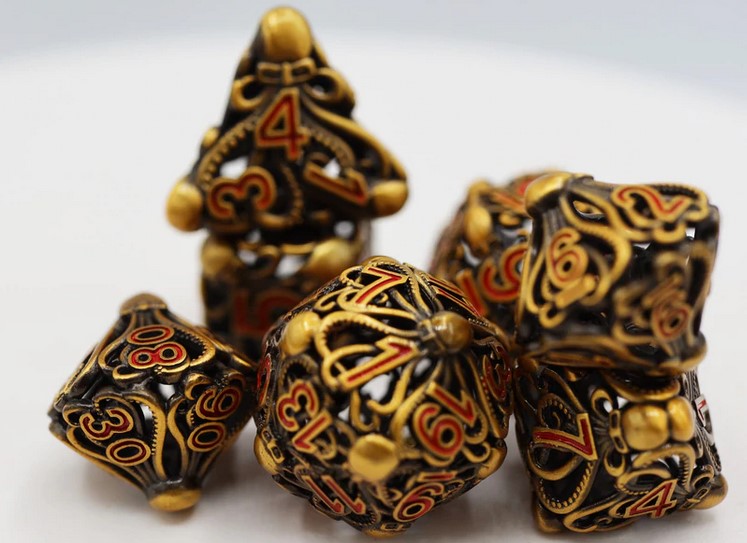 Foam Brain Mind Eater Hollow Gold Metal Poly 7 Dice Set | Odin's Place