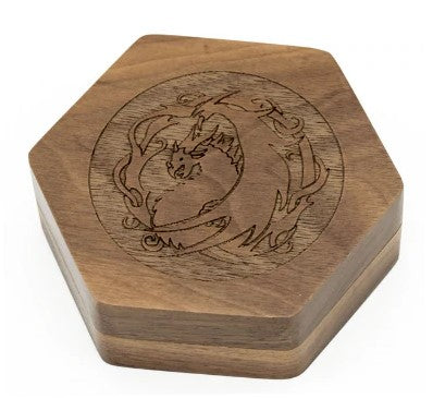 Foam Barain Wooden Dice Vault: Walnut Dragon Hexagonal | Odin's Place