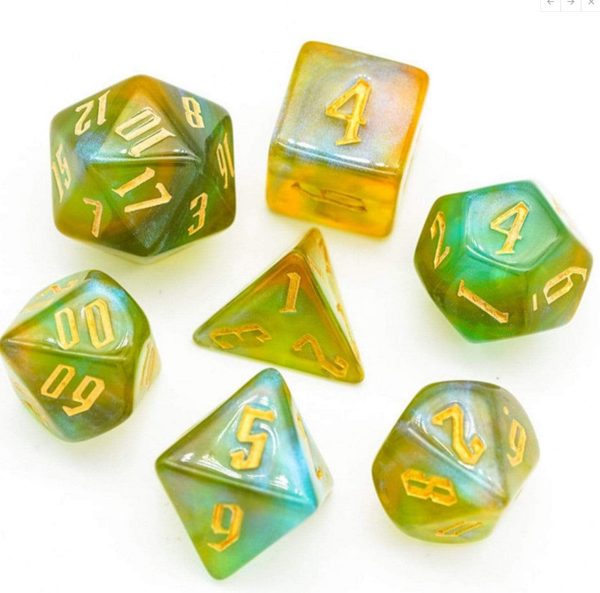 Foam Brain Green and Gold Spell Casting RPG Dice Set | Odin's Place