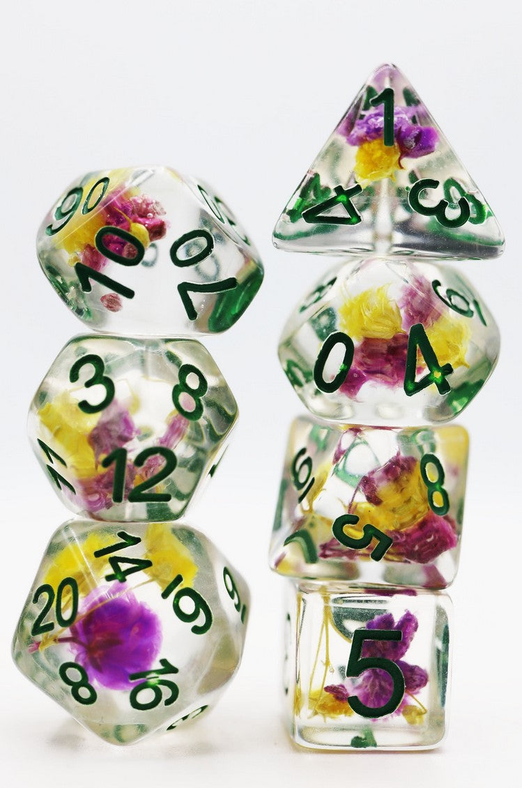 Foam Brain Purple and Yellow Flowers RPG Dice Set | Odin's Place