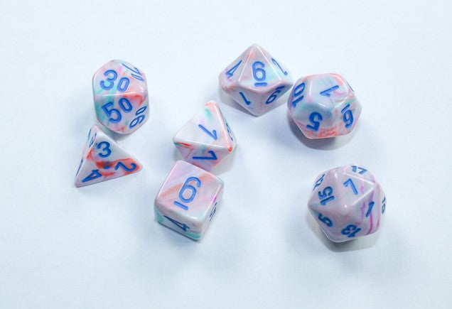 Chessex Mini Poly 7 Dice Set: Festive Pop Art and Blue | Odin's Place