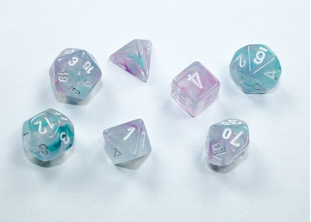 Chessex Mini Poly 7 Dice Set: Wisteria and White | Odin's Place