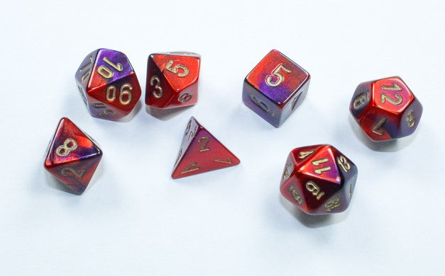 Chessex Mini Poly 7 Dice Set: Purple with Red and Gold | Odin's Place
