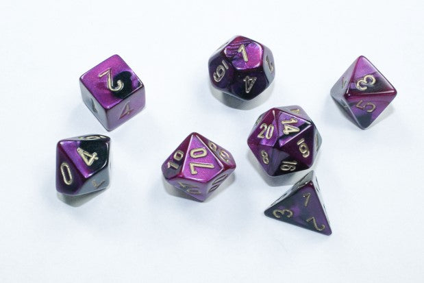Chessex Mini Poly 7 Dice Set: Black with Purple and Gold | Odin's Place
