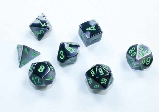Chessex Mini Poly 7 Dice Set: Black with Grey and Green | Odin's Place