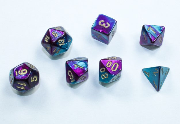 Chessex Mini Poly 7 Dice Set: Purple with Teal and Gold | Odin's Place