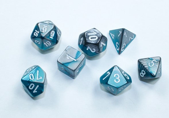 Chessex Mini Poly 7 Dice Set: Steel with Teal and White | Odin's Place