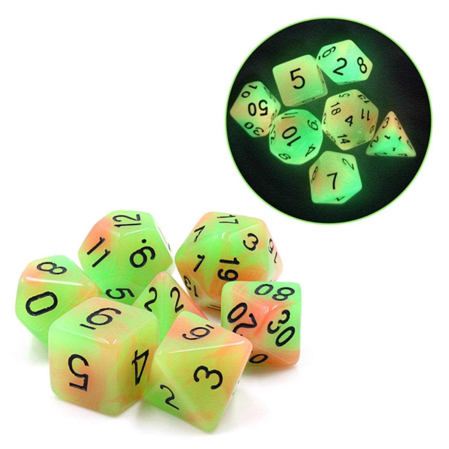 Foam Brain Glow in the Dark Mango Poly 7 Dice Set | Odin's Place