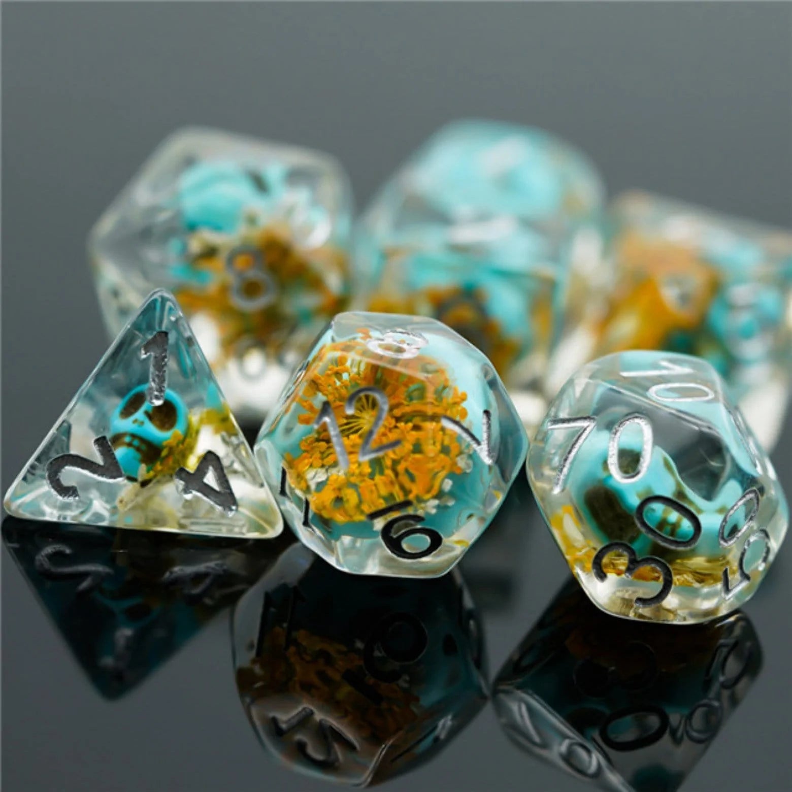 Foam Brain Yellow Flower With Blue Skull Poly 7 Dice Set | Odin's Place