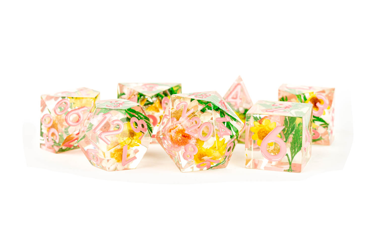 MDG Handcrafted Sharp Edged Poly 7 Dice Set: Chrysanthemum with Pink | Odin's Place