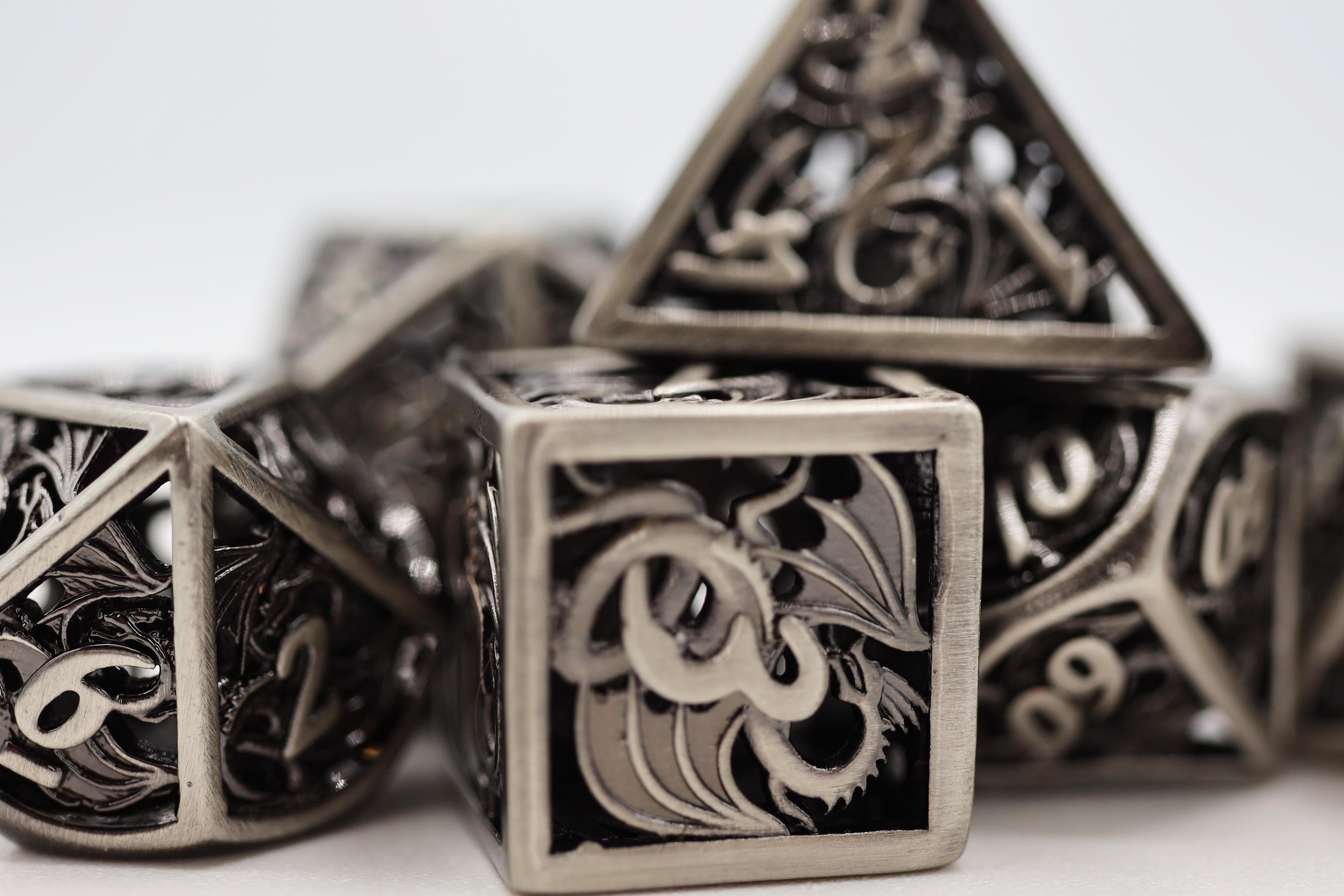 Foam Brain Hollow Silver Dragon RPG Metal Dice Set | Odin's Place