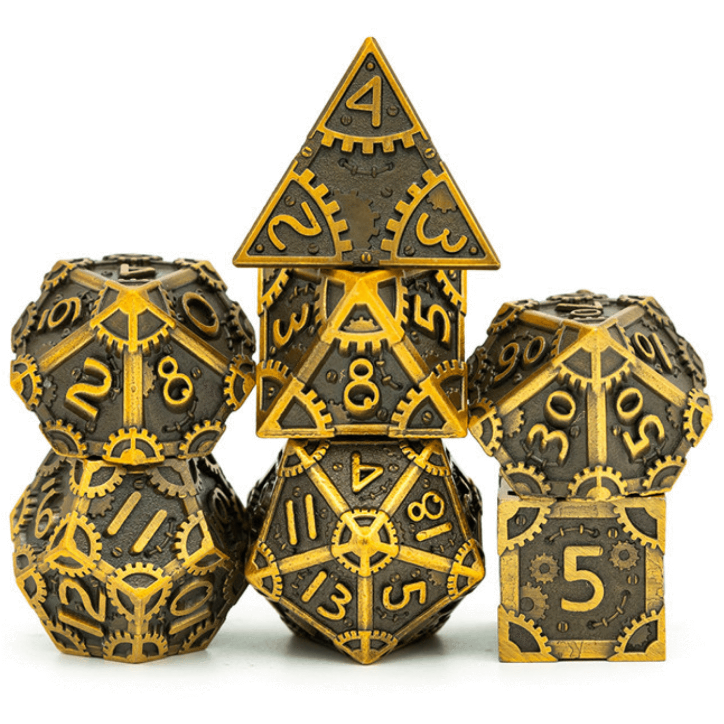 Foam Brain Steam Punk Antique Gold RPG Metal Dice Set | Odin's Place