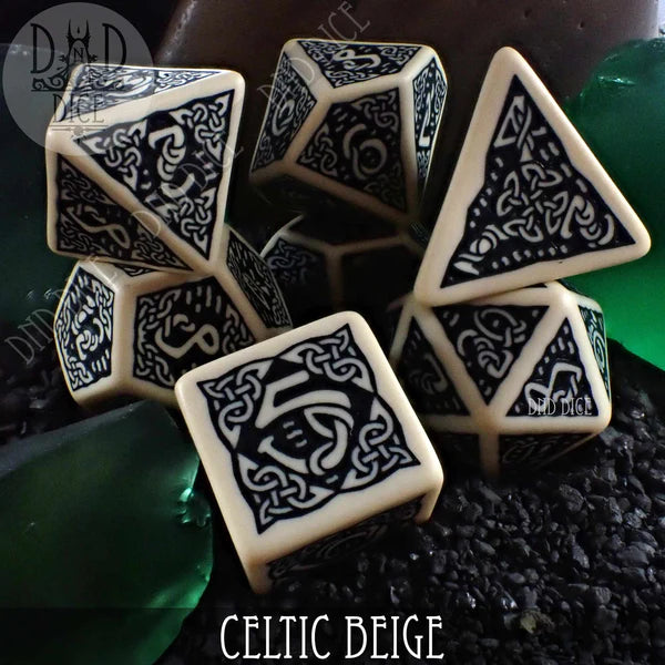 Q Workshop Poly 7 Dice Set: Celtic Black and Beige | Odin's Place
