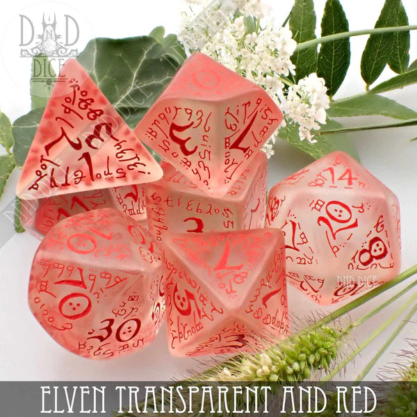 Q Workshop Poly 7 Dice Set: Elvish Transparent and Red | Odin's Place