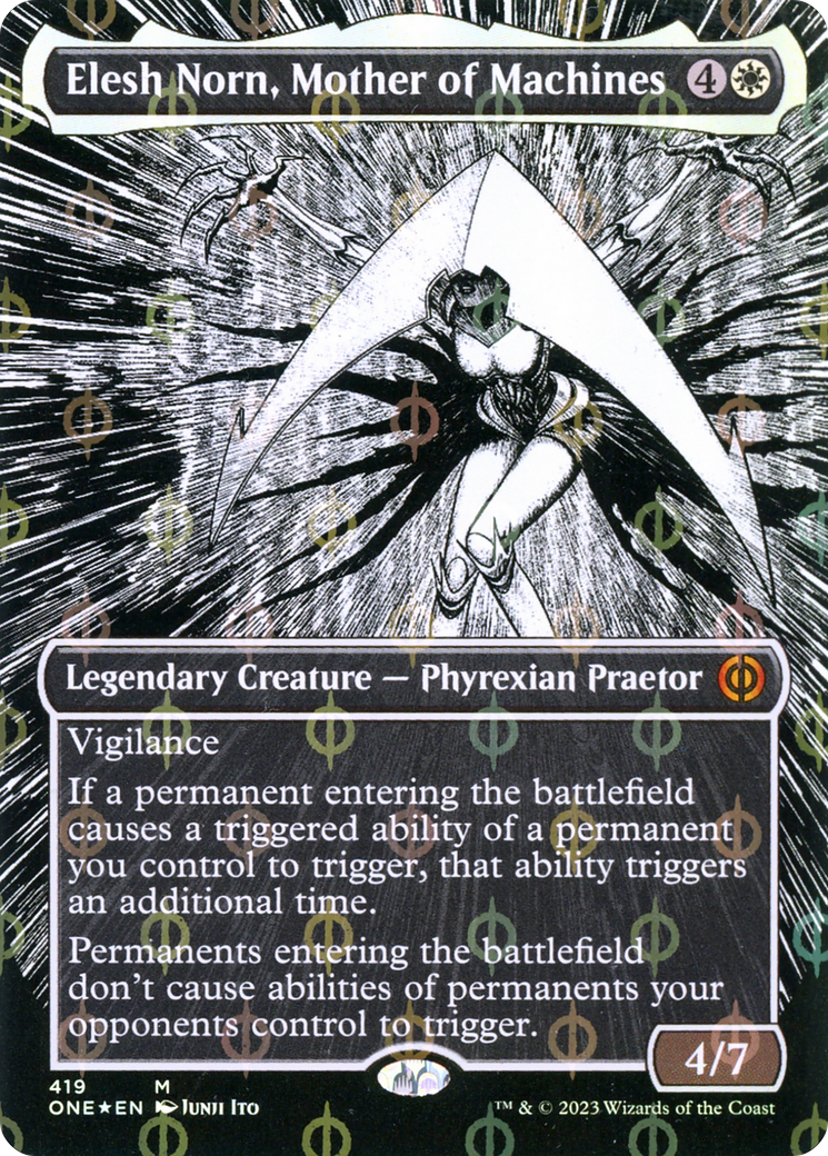 Elesh Norn, Mother of Machines (Borderless Manga Step-and-Compleat Foil) [Phyrexia: All Will Be One] | Odin's Place