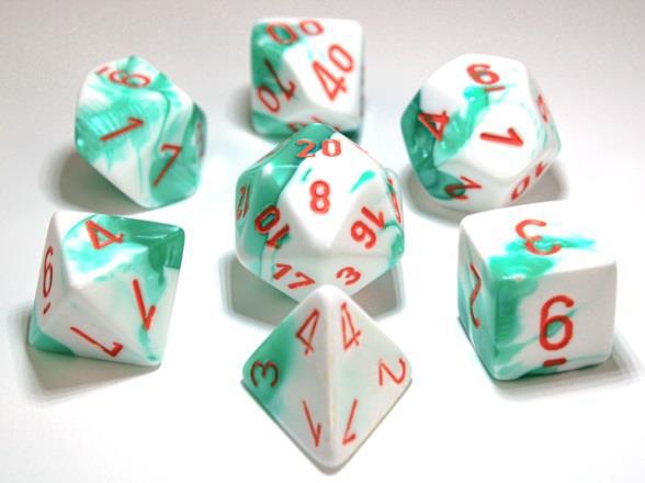 Chessex Lab Dice 3 Gemini Luminary Mint Green/White/Orange Poly 7 Set | Odin's Place