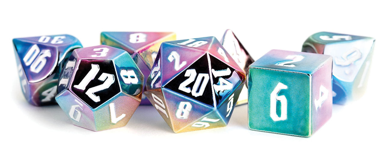 MDG Aluminum Plated Rainbow Aegis With White Poly 7 Dice Set | Odin's Place