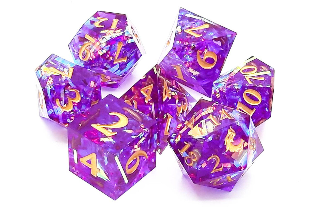 Old School Dice Sharp Edged Amethyst Blast Poly 7 Set | Odin's Place