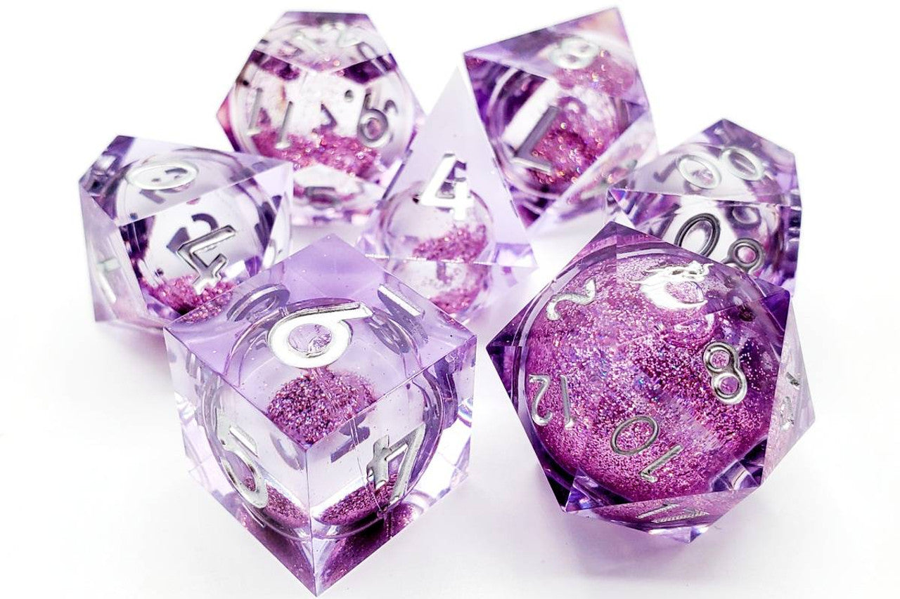 Old School Dice Sharp Edged Liquid Infused Amethyst Fury Poly 7 Dice Set | Odin's Place
