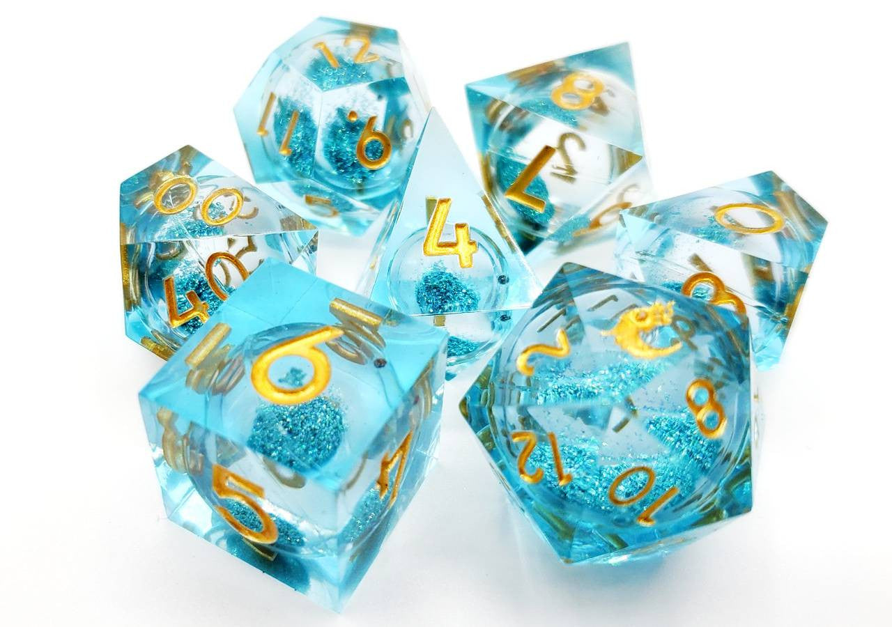 Old School Dice Sharp Edged Liquid Infused Azure Fury Poly 7 Dice Set | Odin's Place