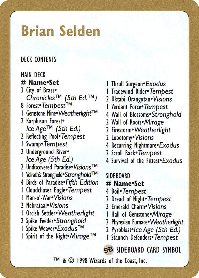 Brian Selden Decklist [World Championship Decks 1998] | Odin's Place