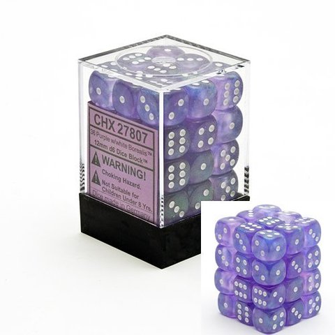 Chessex Borealis Purple with White 12mm d6 Set | Odin's Place