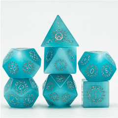 Foam Brain Cat's Eye Blue with Runes - Engraved with Silver Gemstone Poly 7 Dice Set | Odin's Place