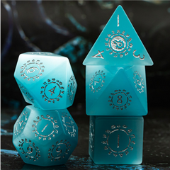Foam Brain Cat's Eye Blue with Runes - Engraved with Silver Gemstone Poly 7 Dice Set | Odin's Place
