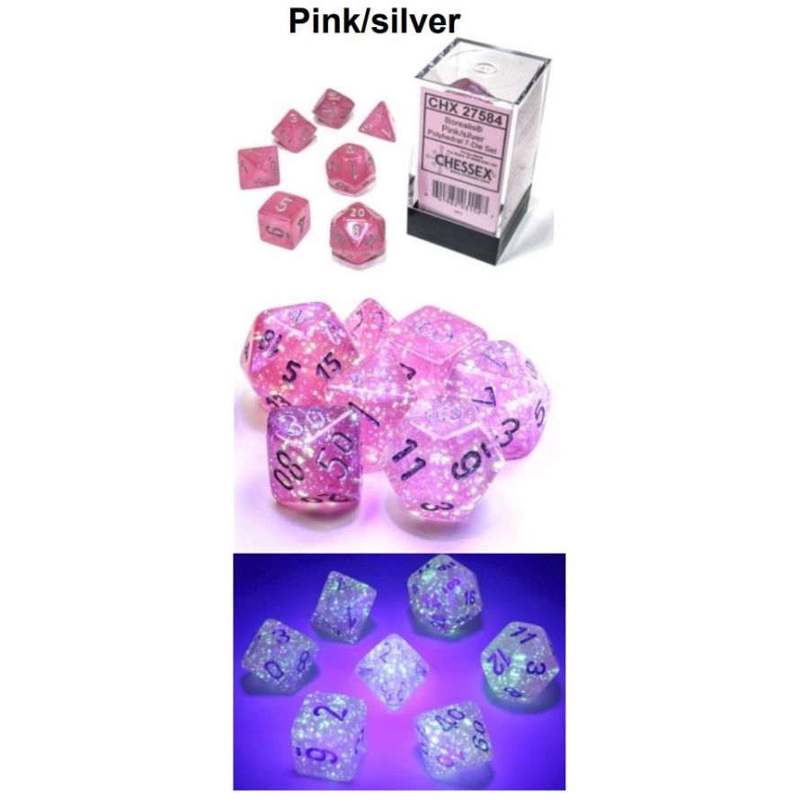 Chessex Borealis Glow in the Dark Pink with Silver Poly 7 Dice Set | Odin's Place