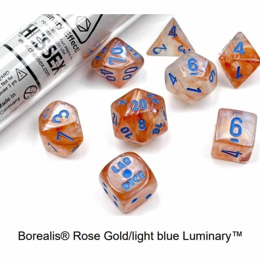 Chessex Lab Dice Borealis Luminary Rose Gold/ Light Blue Poly 7 Set | Odin's Place