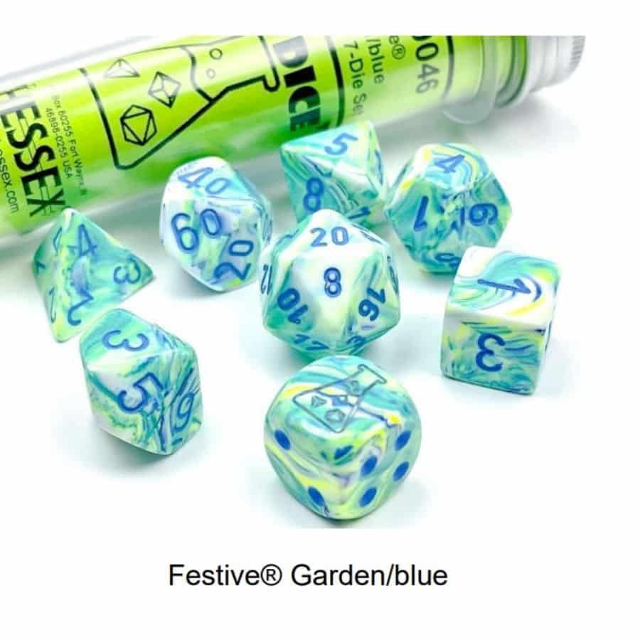 Chessex Lab Dice Festive Garden/Blue Poly 7 Set | Odin's Place