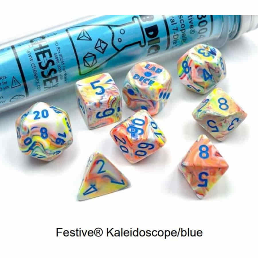 Chessex Lab Dice Festive Kaleidoscope/Blue Poly 7 Set | Odin's Place