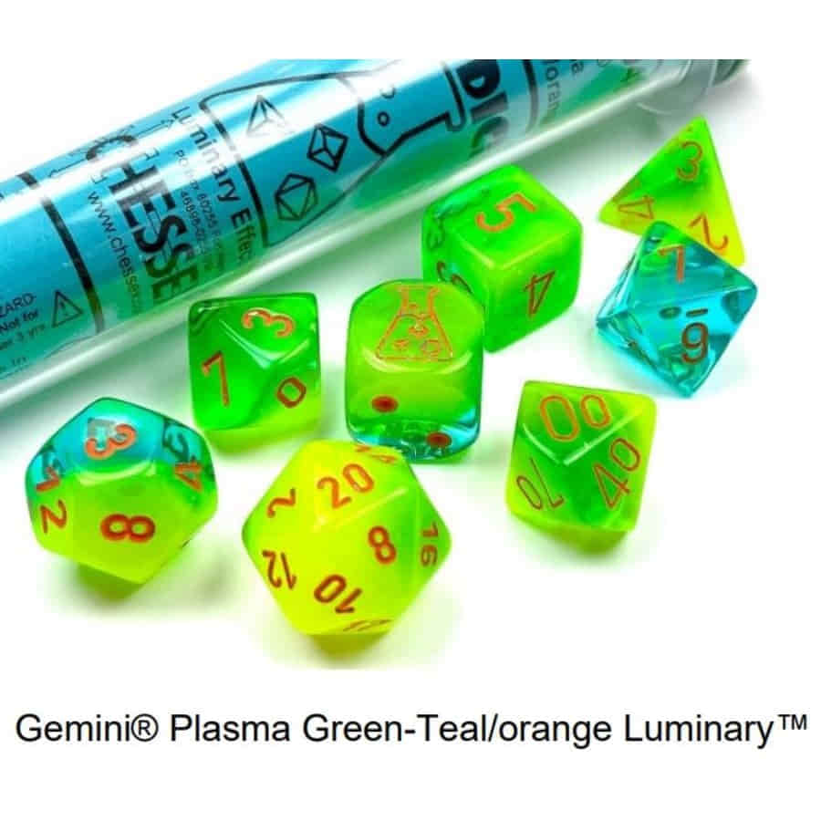 Chessex Lab Dice Gemini Luminary Plasma Green-Teal/Orange Poly 7 Set | Odin's Place