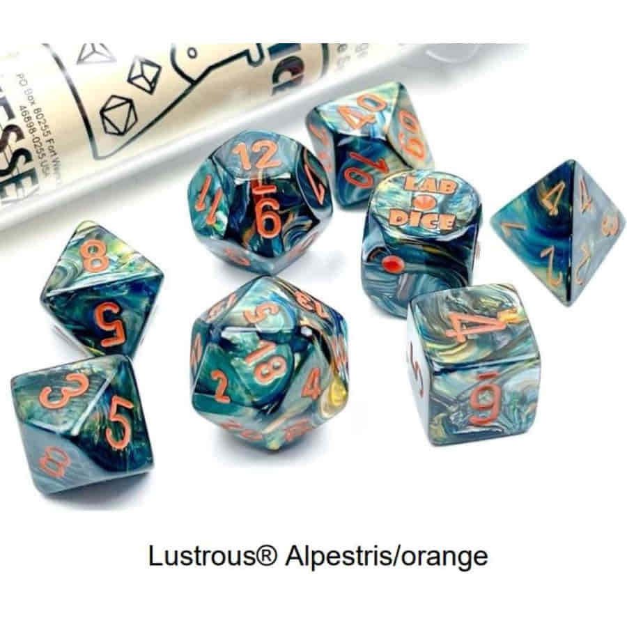 Chessex Lab Dice Lustrous Alpestris/Orange Poly 7 Set | Odin's Place